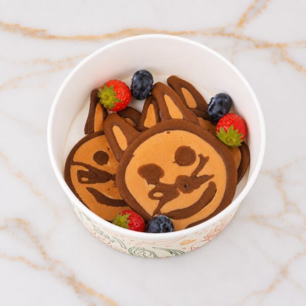 Cat vanilla-chocolate pancake with fruits