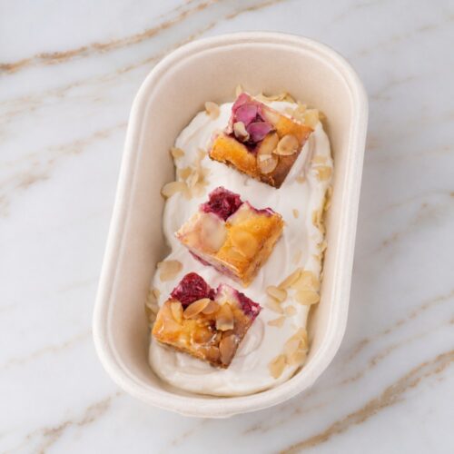 Cottage cheese caserole with cherry,served with greek yoghurt Product img Cottage cheese caserole with cherry,served with greek yoghurt