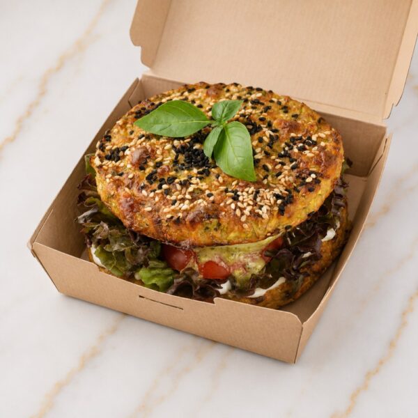 Healthy zucchini burger bun with salad,mozzarella,pesto souse