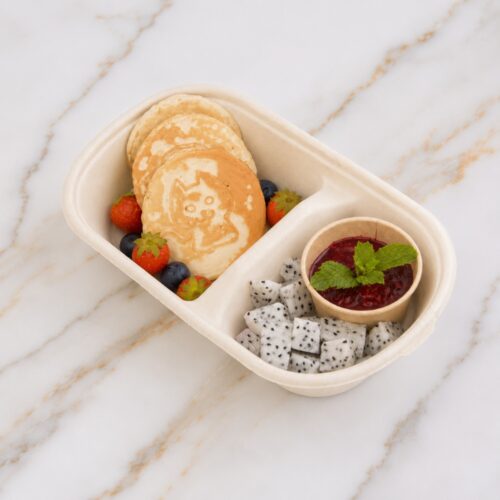Pancake with homemade jam and cuted fruits